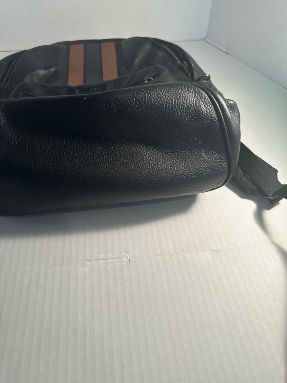Coach Black Leather Backpack with Brown and Navy Stripe Detailing - Picture 7 of 16